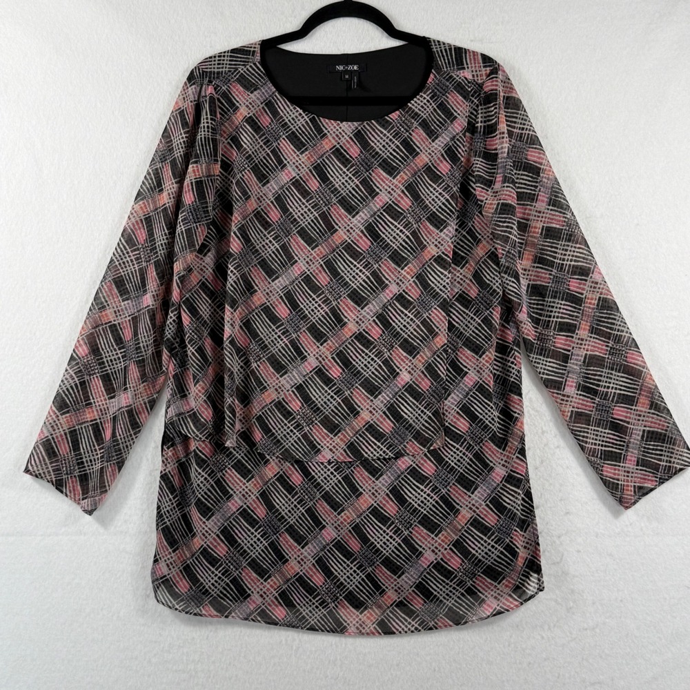 NIC+ZOE Tunic‎ Top Womens Medium Pink Black Abstract Layered Blouse Modern Chic